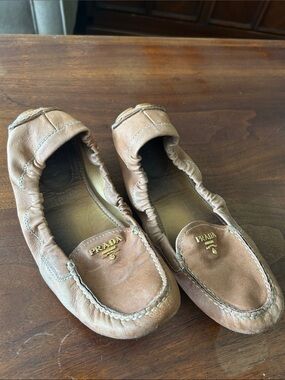 Prada Tan Leather Elastic-Back Moccasin Flats with Gold Logo